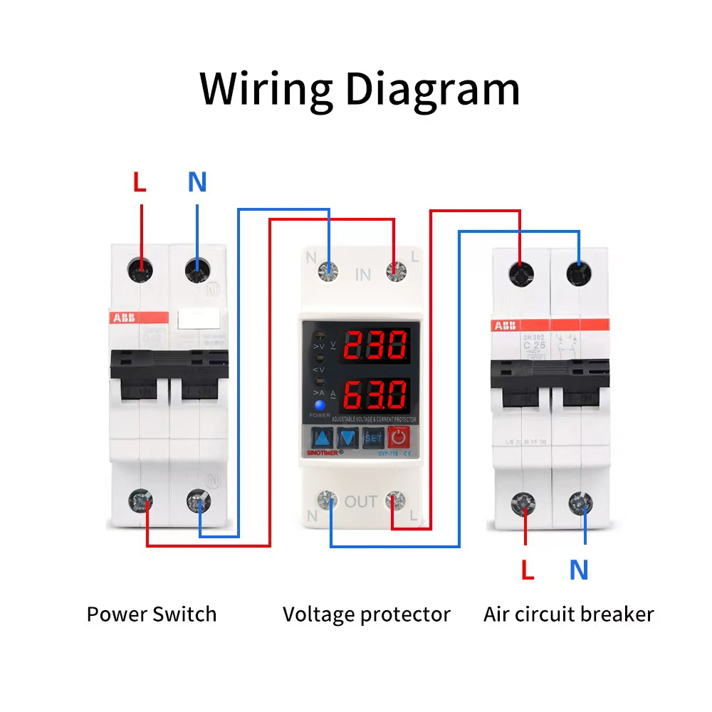 New Din Rail Dual Display Adjustable Over Voltage Current and Under Voltage Protective Device Protector Relay 40A 63A 220V 230V