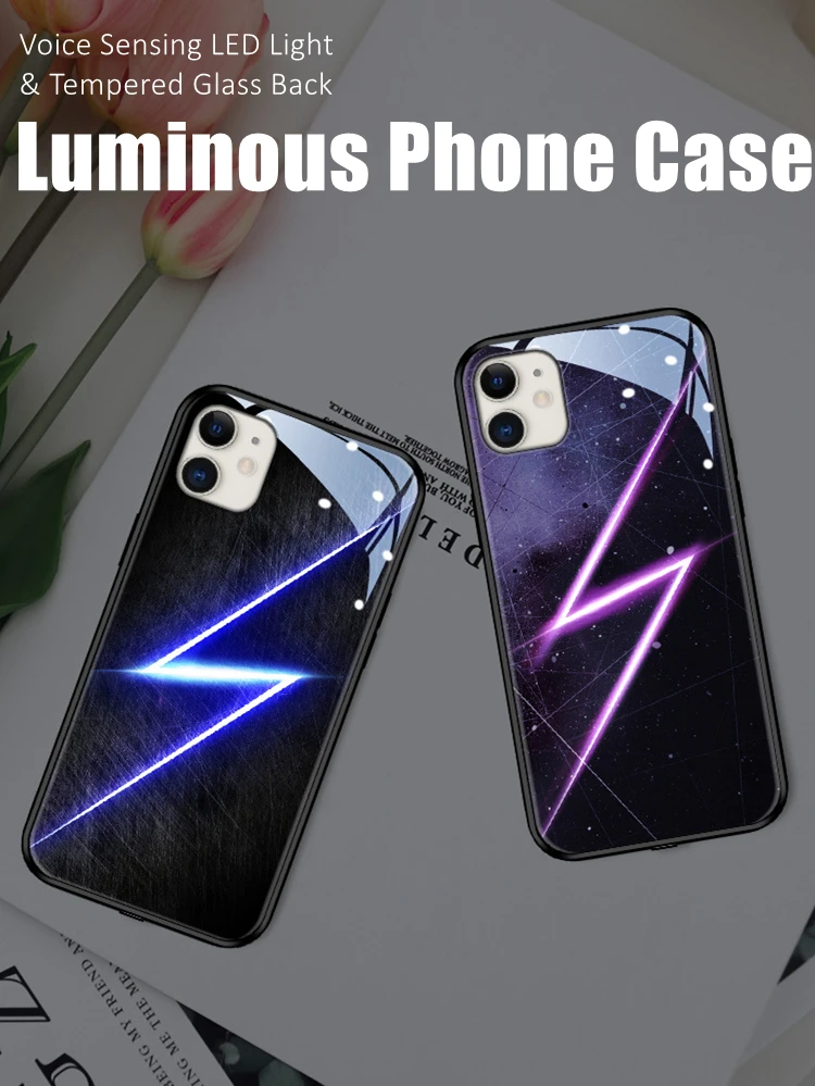 

Lightning LED Light Glowing Luminous Tempered Glass Back Phone Case for OPPO Reno 4 5 6 7 8 9 Find X5 Realme X50 Pro Plus SE