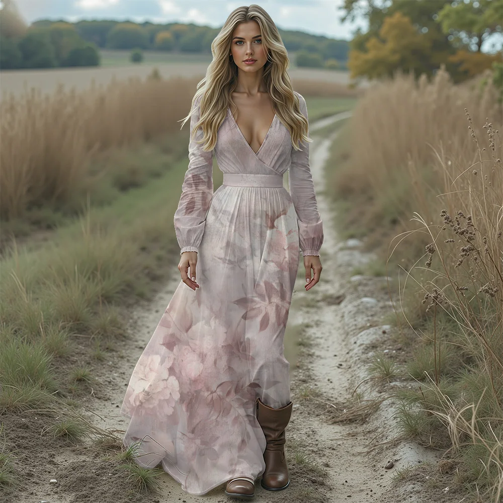 Abito lungo floreale elegante romantico sexy con scollo a V profondo Abito Boho in chiffon a maniche lunghe da donna per eventi speciali, appuntamenti o vacanze