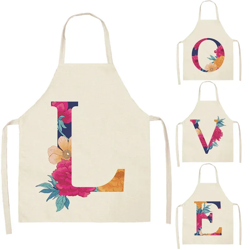 Letter Parent-child Aprons Rose Flower Letter Printed Sleeveless Cotton Linen Aprons for Men Women Home Cleaning Tools