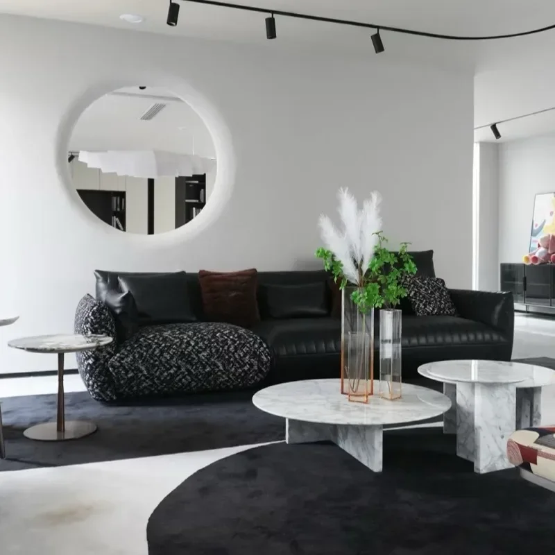 Design large flat-layer leather cloth color matching small apartment straight row villa corrugated sofa