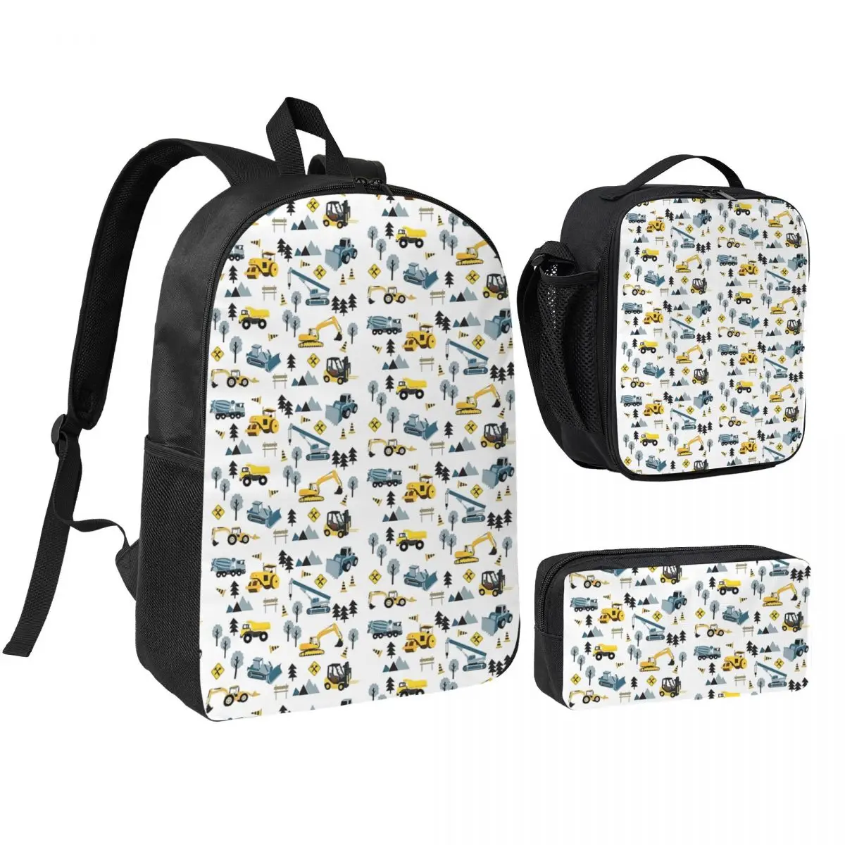 

Blue Construction Trucks And Site Theme Pattern Backpack BookBag School Bag Shoulder Bags 3ps Insulated Lunch Bag Pencil Case