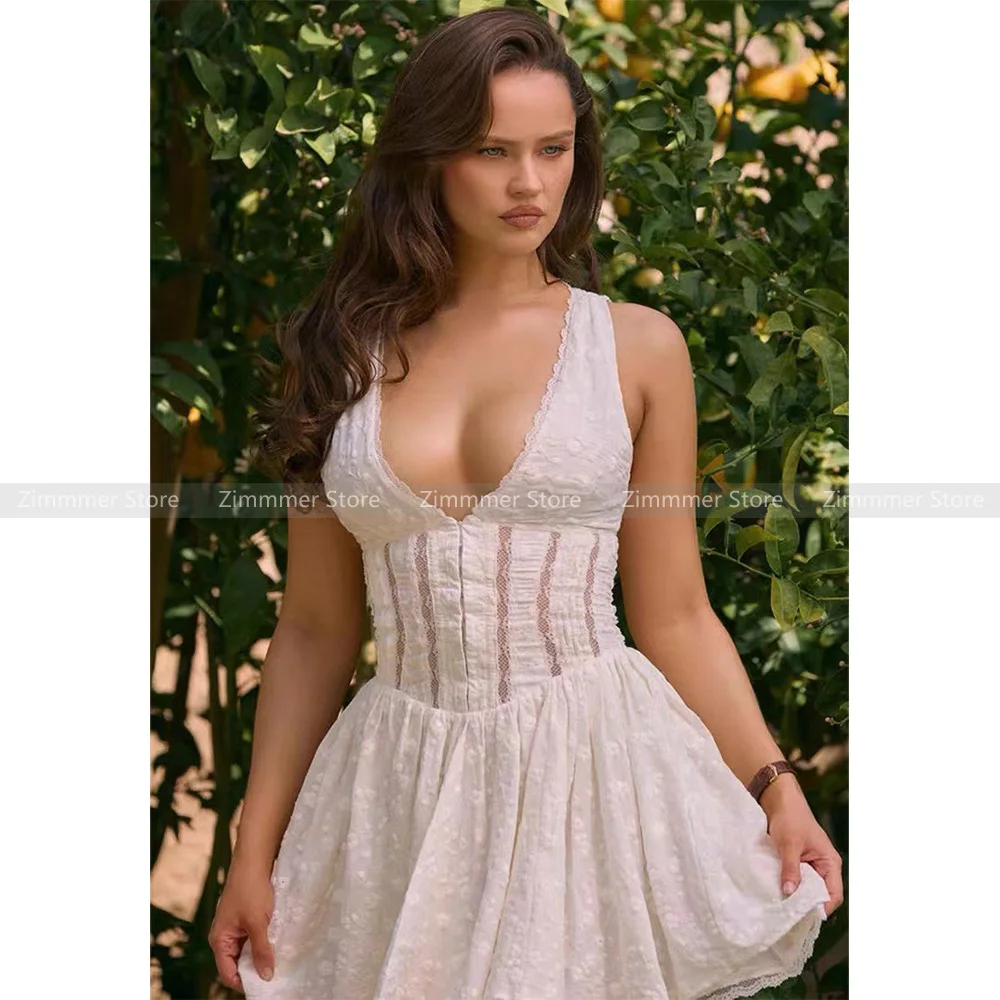 

French Gentle Sexy Deep V Slim See-through Sleeveless Dress Lace Embroidery Hollow High Waist Tight Little White Dresses