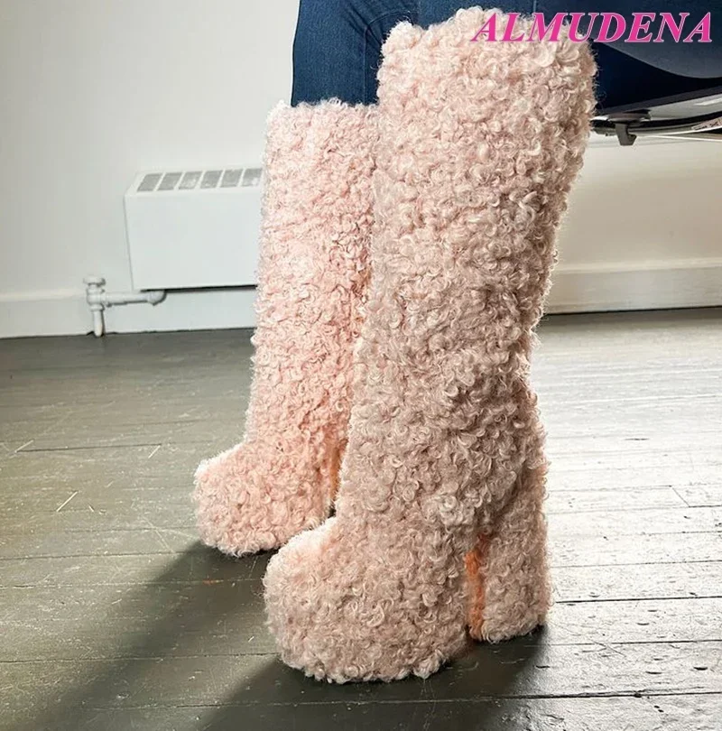 

Women's Cute Platform Fur Teddy Boots Round Toe High Heels Chunky Heel Colorful Knee High Boots Warm Designer Soft Shoes