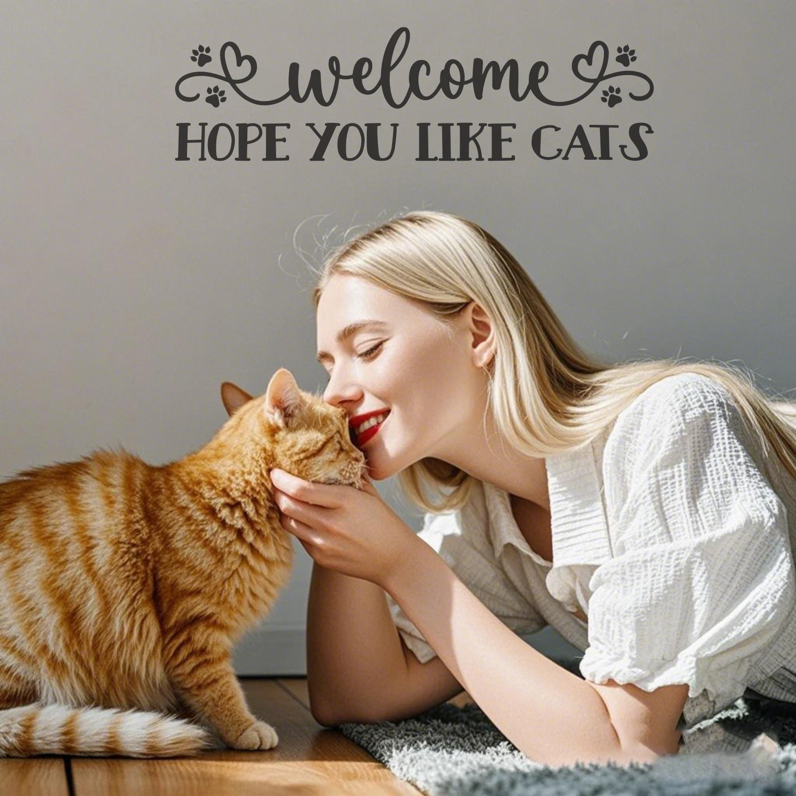 Autocollants muraux amovibles 'Bienvenue, j'espère que vous aimez les chats' Autocollants décoratifs motif patte de chat et cœur
