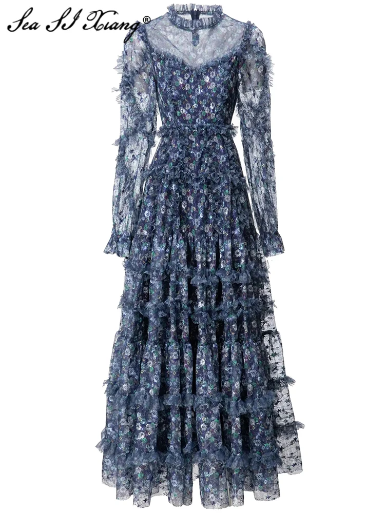 

Seasixiang Fashion Designer Autumn Mesh Dress Women O-Neck Lantern Sleeve Ruffle Flower Print Blue Vintage High Waiste Dresses