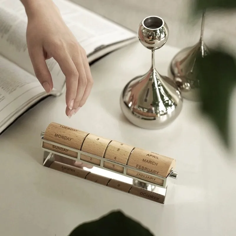 

New Shown-Minimalist Silver Perpetual Calendar-Modern Desktop Decorative Piece-Metal& Wood For Office And Home