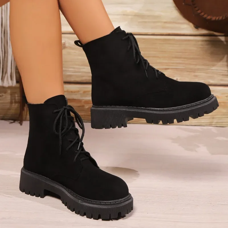 

2026 New Woman Big Size 41 42 High Quality Square Heels Platform Punk Big Toe Dey Boots Women Lace-up Ankle Boots Female Shoes