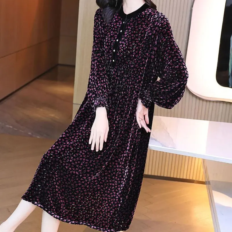 Stylish Vintage Broken Flowers Velvet Midi Dress Autumn Winter Long Sleeve Shirring Women\'s Clothing O-Neck Button Waist Dresses