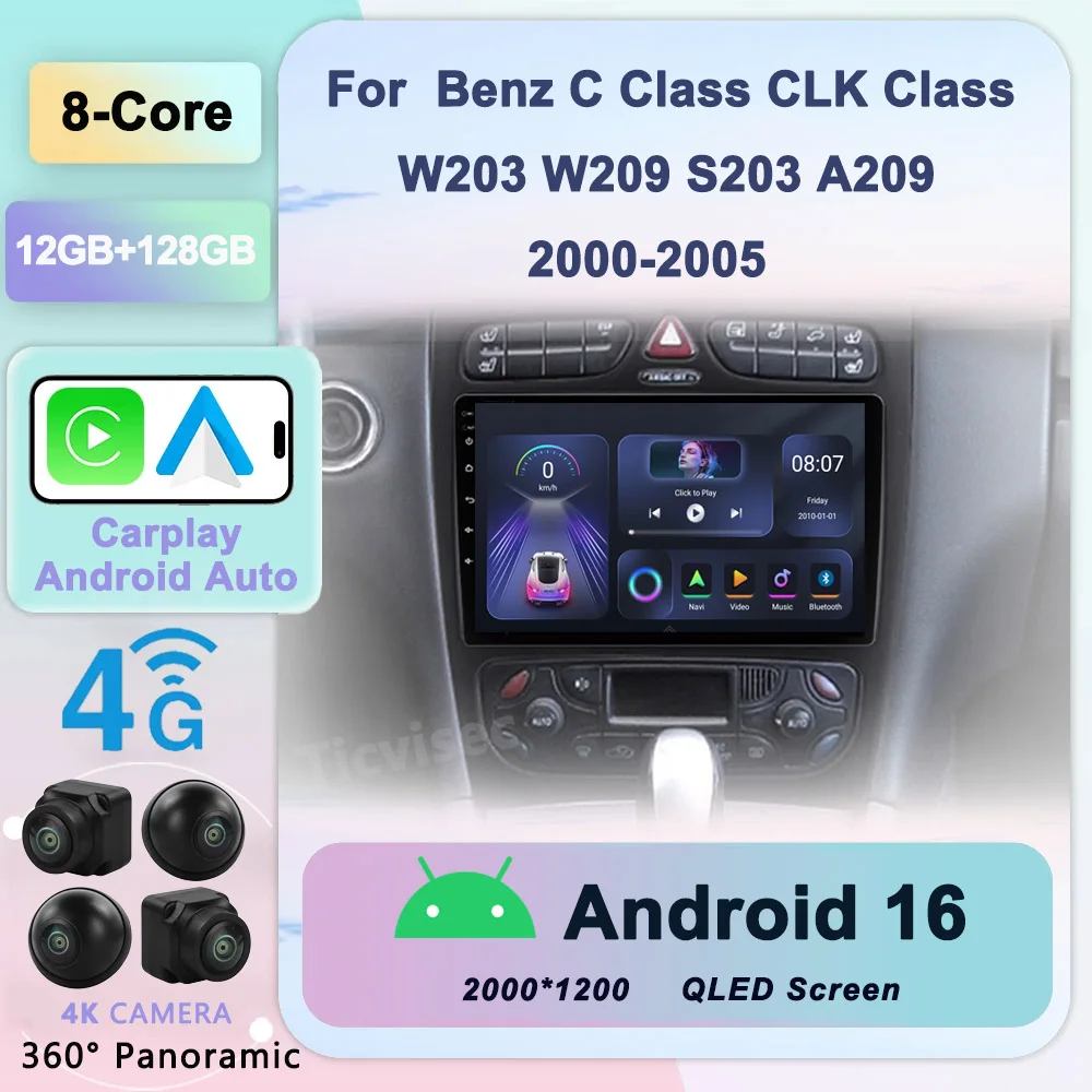 

Android 16 For Mercedes Benz C Class W203 C200 C320 C350 CLK W209 2000-2005 Car Radio GPS Carplay Multimedia Player Video
