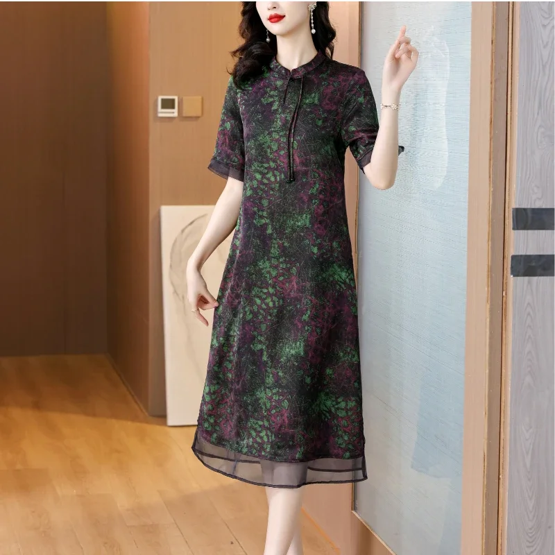 Vintage Fashion Women Printing Dresses Short Sleeves Round Neck Flora Printing with Frog Buttons