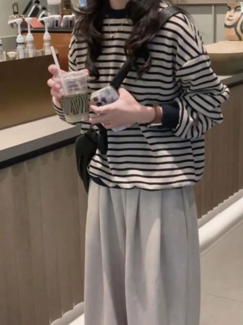 Women's New American Striped Round Neck Pullover For Spring Autumn Fashion Loose Casual Knitted Sweater Top Oversize Winter