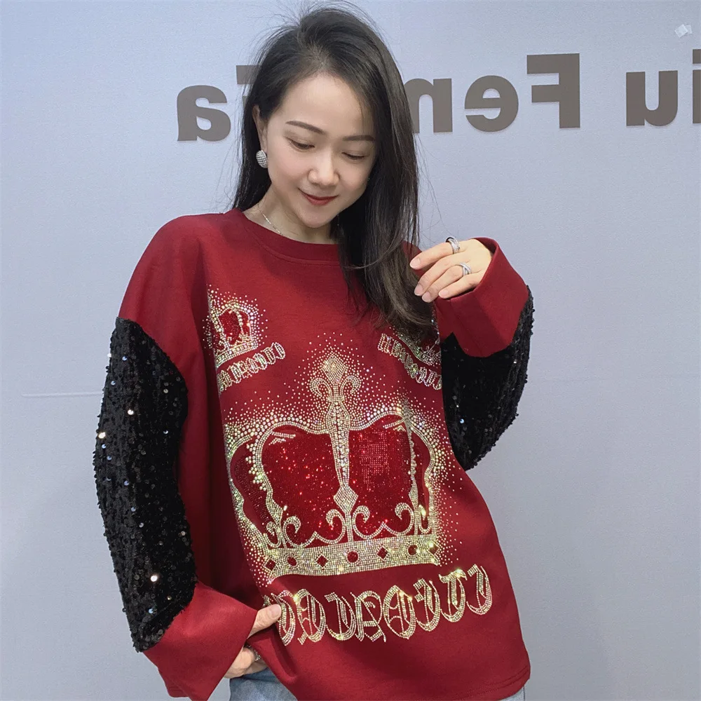 Loose Round Neck Color Block Long Sleeve Sweatshirts Women Spring and Autumn New Heavy Embellished Space Cotton Top 2025 New