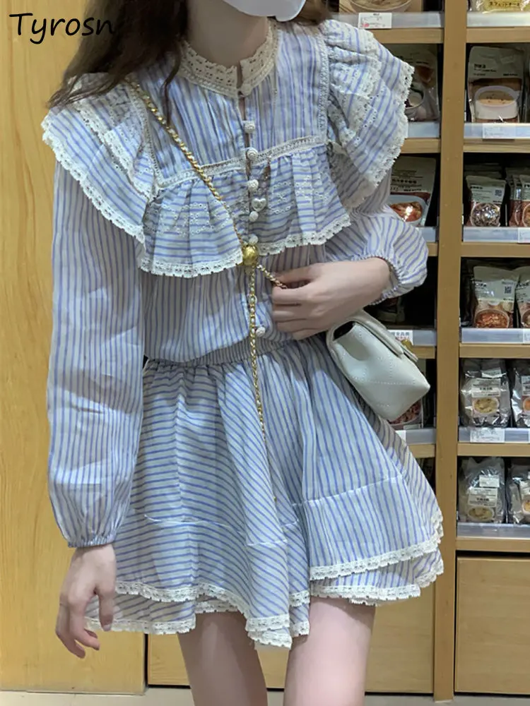 

Striped Shirts Sets Women 2pcs Sweet Simple Design Mini Skirts Leisure Spring Trendy Retro Spliced Korean Style Creativity Daily