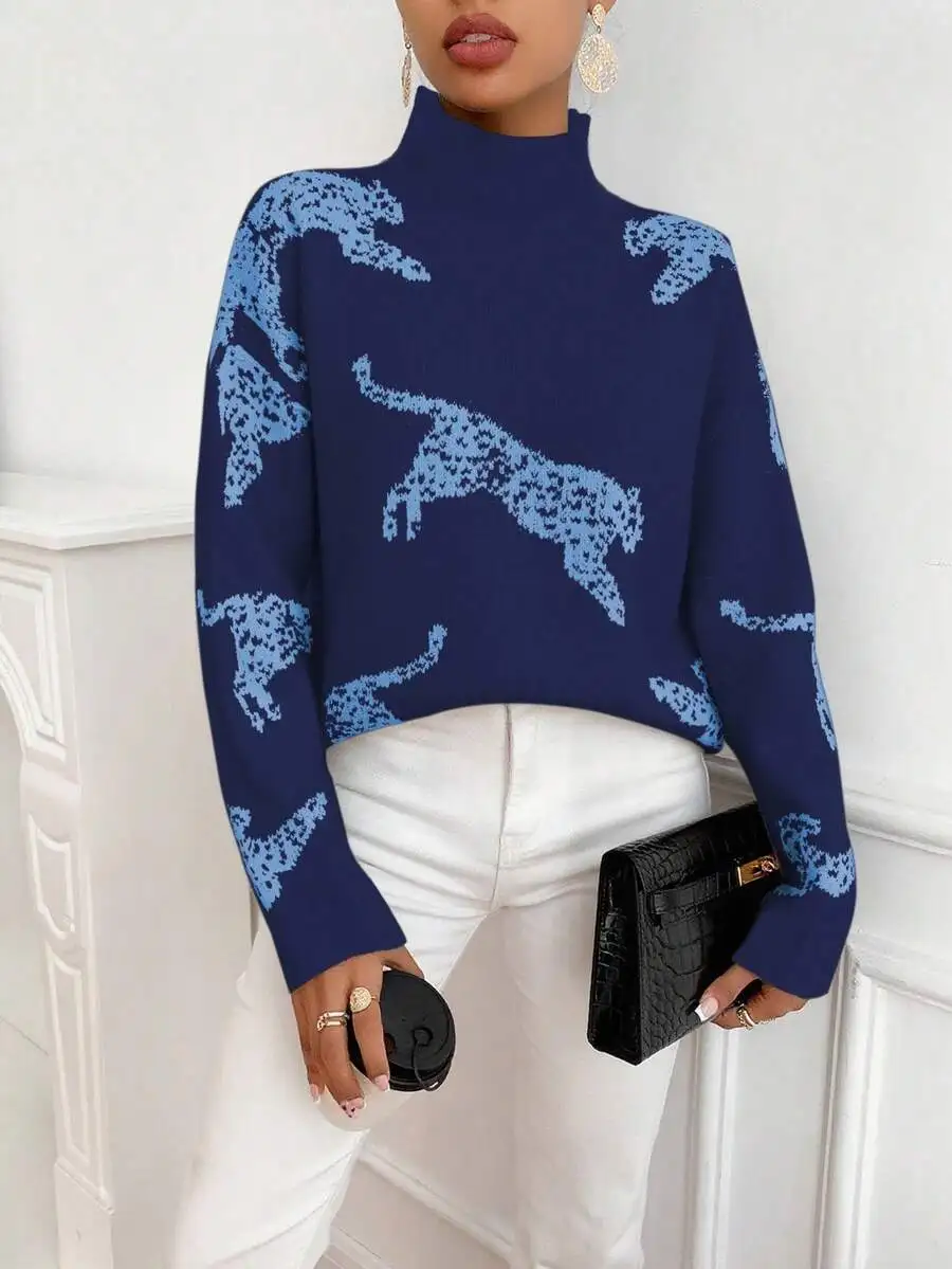 

Women's High Neck Cropped Sweater with Animal Print Pattern, Fall Winter Casual Pullover