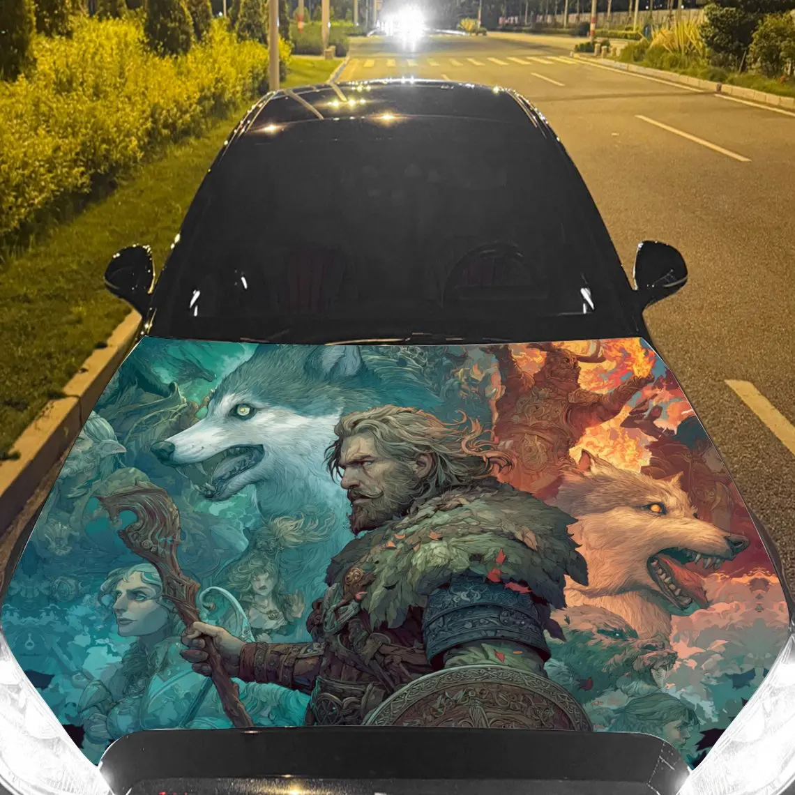 Viking War Spirit and Giant Wolf Car Vinyl Wrap, PVC Material Waterproof Car Hood Sticker, Self-Adhesive Scratch-Resistant Stick