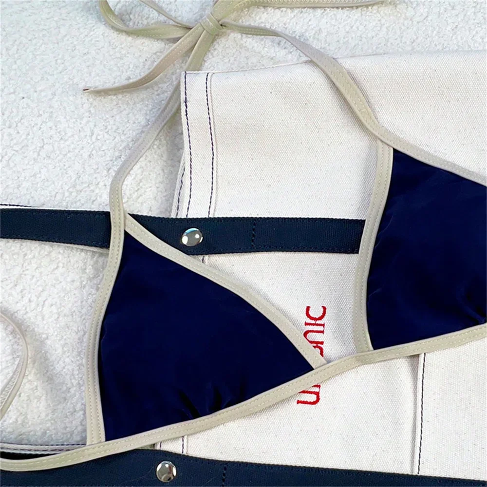 Vintage Blue Bikinis Set Triangle Border String Swimsuit Push Up Swimwear Backless Extrem Bikini Women Beach Outfit Bathing Suit