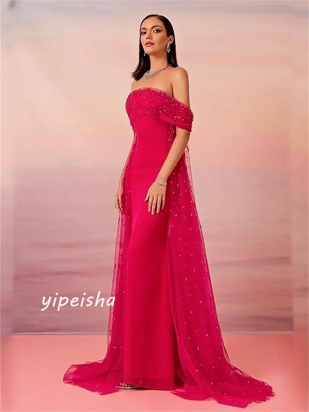 

Elegant Evening Jersey Sequined Ruched Beach A-line Off-the-shoulder Long Dresses High Quality Prom Gowns for Women Customized