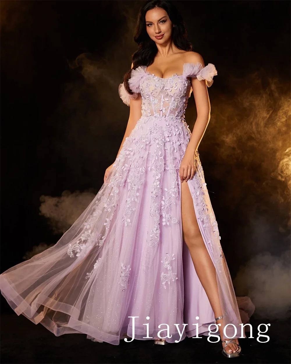 Yipeisha gaun Prom elegan berkualitas tinggi Off-the-shoulder A-line bordir malam jaring bunga Tulle kustom