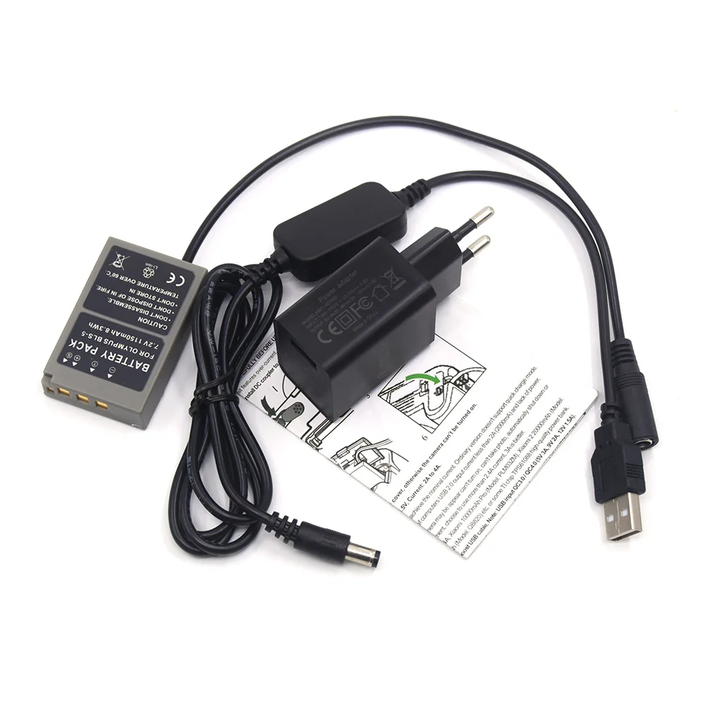 PS-BLS5 BLS-5 Dummy Battery+QC 3.0 Charger+USB DC Cable for Olympus PEN E-PL2 E-PL5 E-PM2 Stylus 1 1s OM-D E-M10 Camera