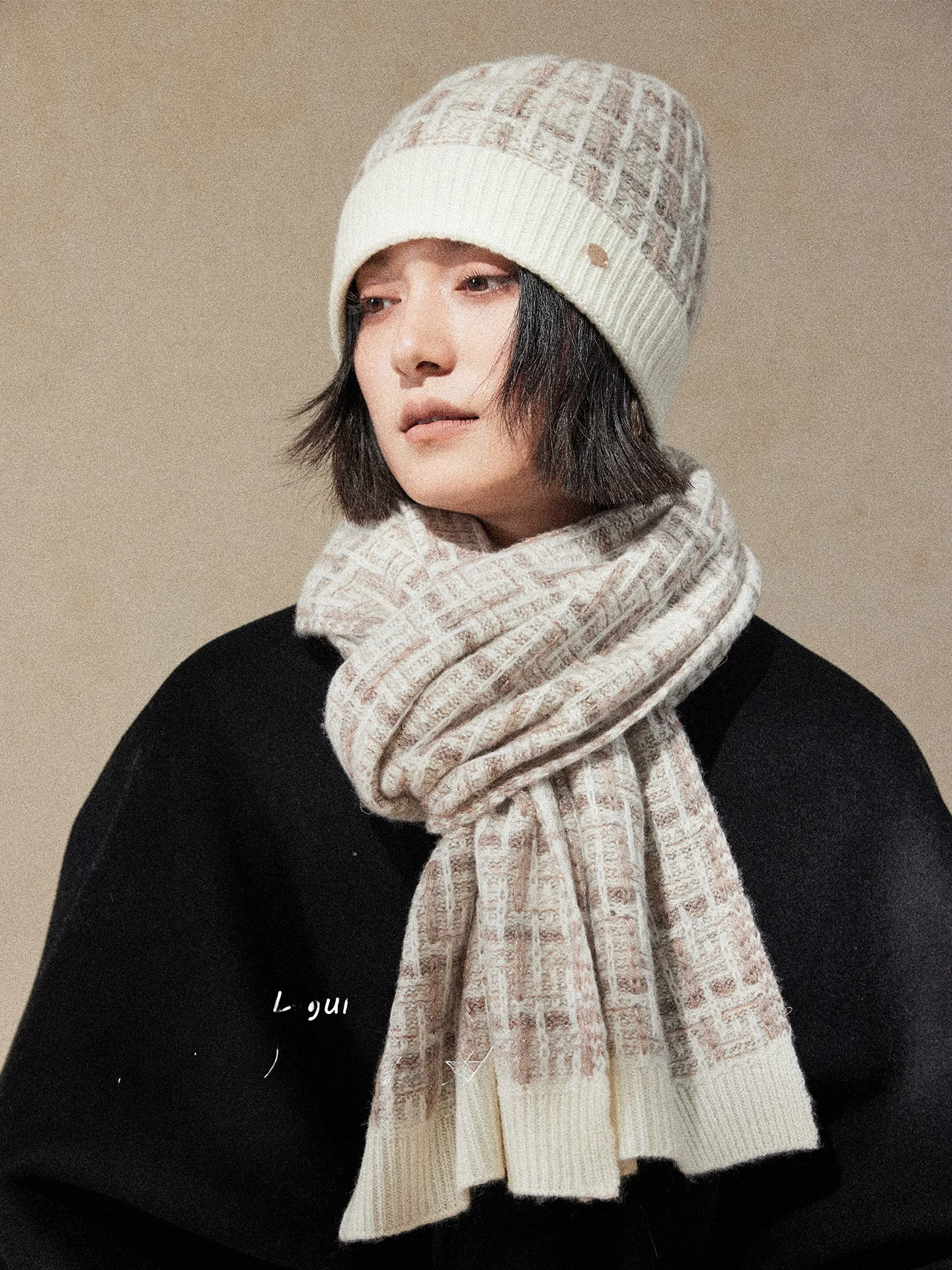 lagur-メリノウールスカーフ帽子セット女性用冬ニット暖かさ長方形スカーフベルトアクセサリーファッショナブルな若者大人