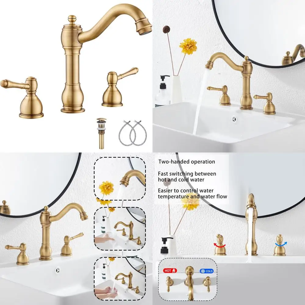 

Широко используемый двухвентильный смеситель для раковины с 3 отверстиями, со шлангом и выдвижным сливным клапаном, цвет античная латунь