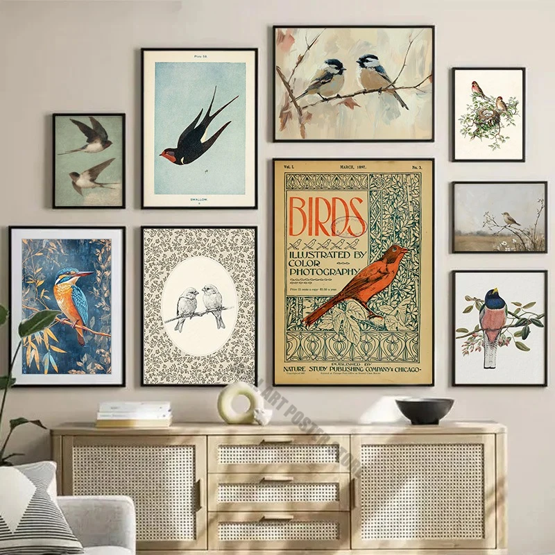 Póster con estampado artístico de pájaros Vintage, boceto de pájaro antiguo, lienzo artístico de pared, pintura Vintage, pájaro campestre, decoración Neutral para habitación de granja