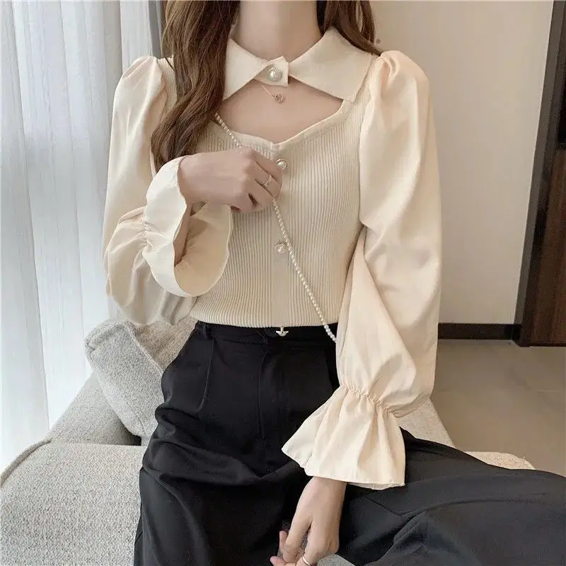 Peter Pan Collar Hollow Out Button Solid Color Pullover Women's Clothing Petal Long Sleeve T-shirt Elegant Screw Thread Tops