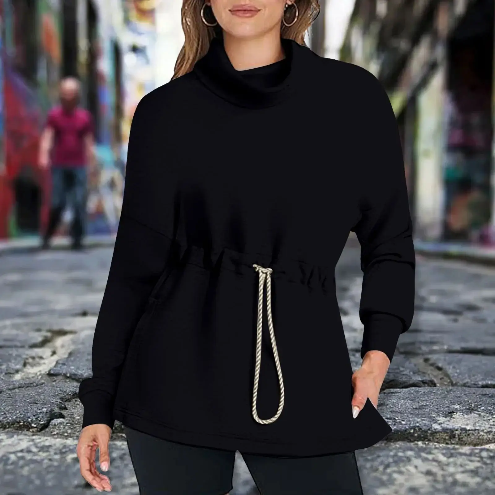 Damen-Sweatshirt mit Dstring-Taille, Herbst und Winter, hoch, modisch, bequem, lässig, für Damen