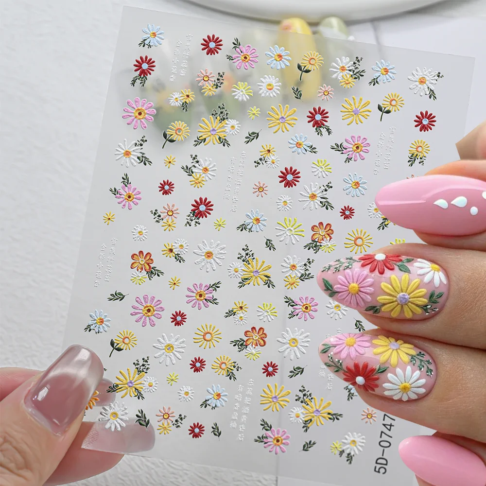 1Pcs 5D Embroidery Style Daisy Nail Stickers Multi-Colors Daisy-Flower Nails Decals Self-adhesive Simple Fresh Manicure Sliders