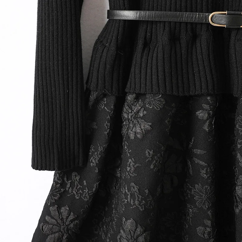 Women Elegant Spliced Fashion Vintage Dress Knitted Casual Belt Temperament Classic Solid Black Dresses