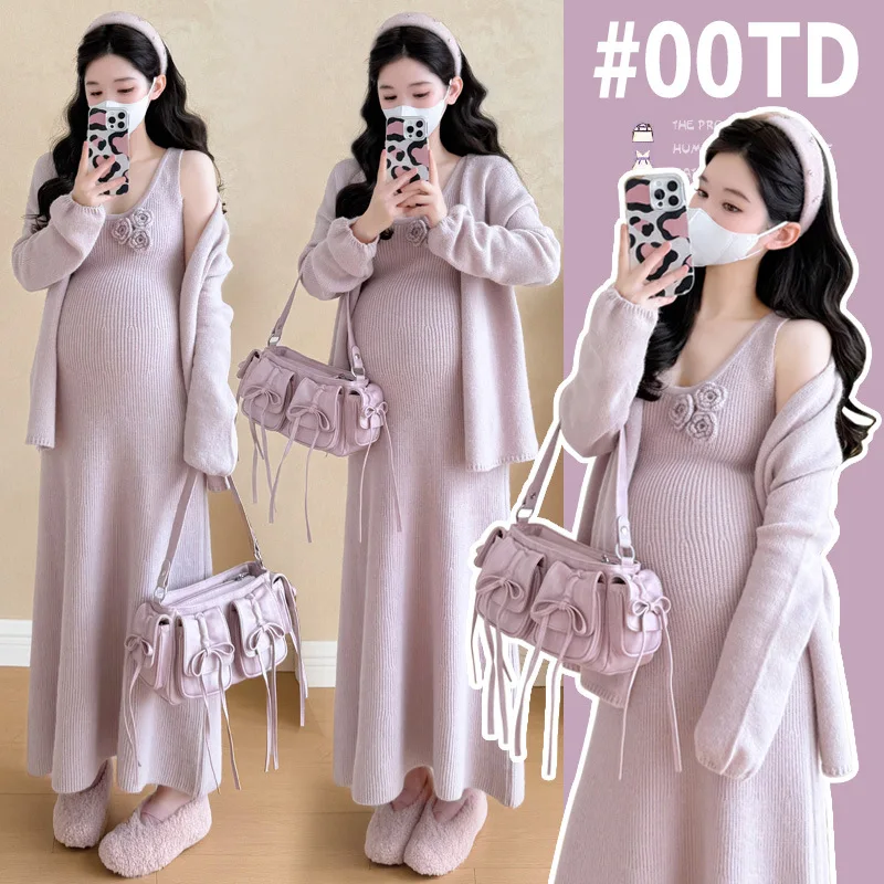 

Pregnancy Set Autumn New Style Fashion Korean Knit Outfit with 3D Flower Tank Dress and Elegant Cardigan Sweater Set
