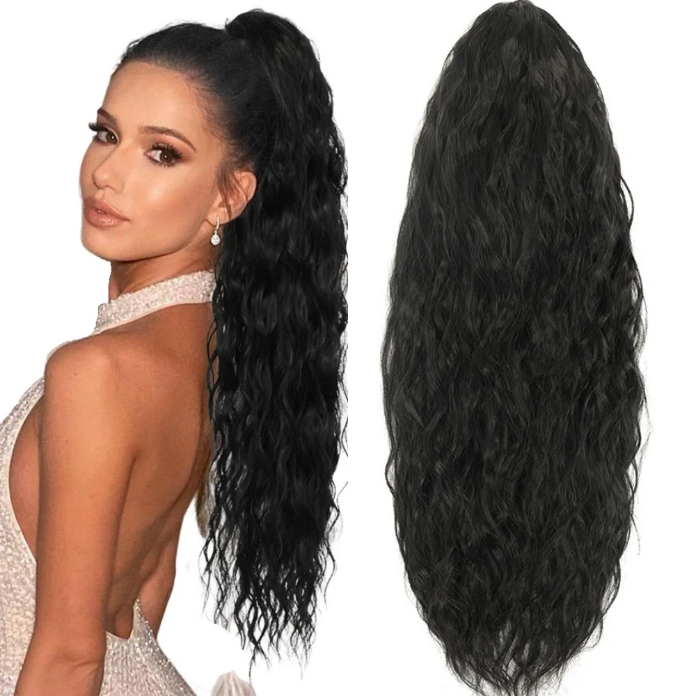 Extensão de cabelo sintético longo, rabo de cavalo encaracolado, 60cm, onda natural, cordão enrolado, clipe no cabelo, preto, peruca para mulheres