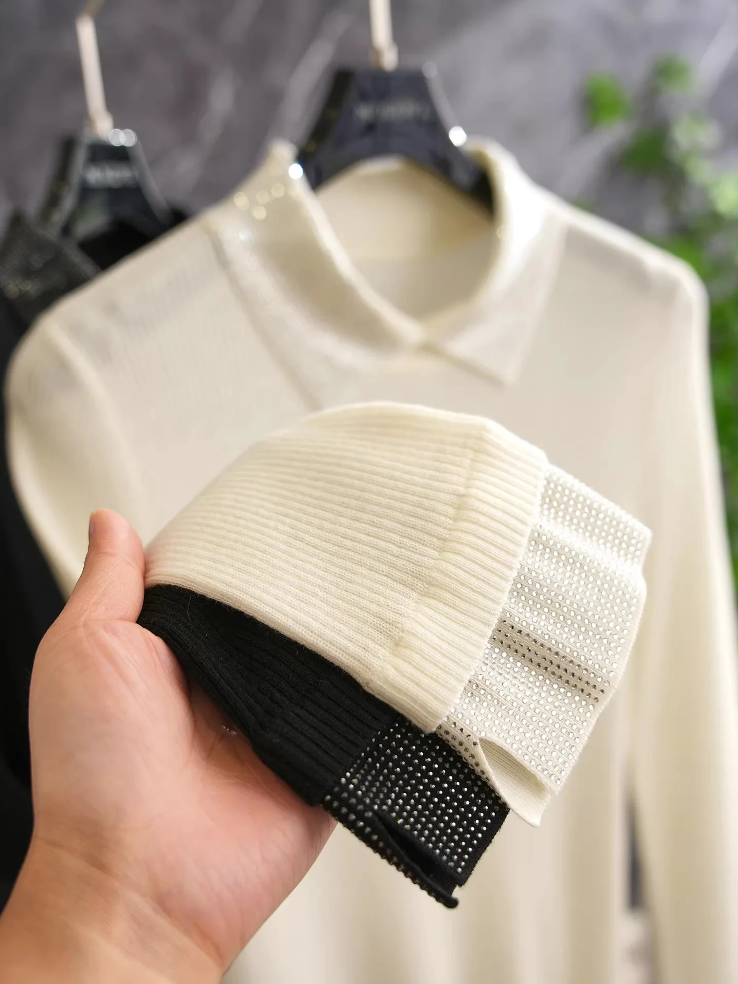 

Ele Women's Knitted Sweater Wool Collar Beaded Diamond Bell Sve Slim Fit Base Layer Knitwear Commute Sle Soft Wool B...