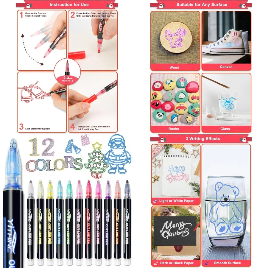 

Outline Shimmer Markers 12 Glitter Metallic Gel Pens for Coloring Perfect for Art Crafts and Creative Projects Ideal Christmas