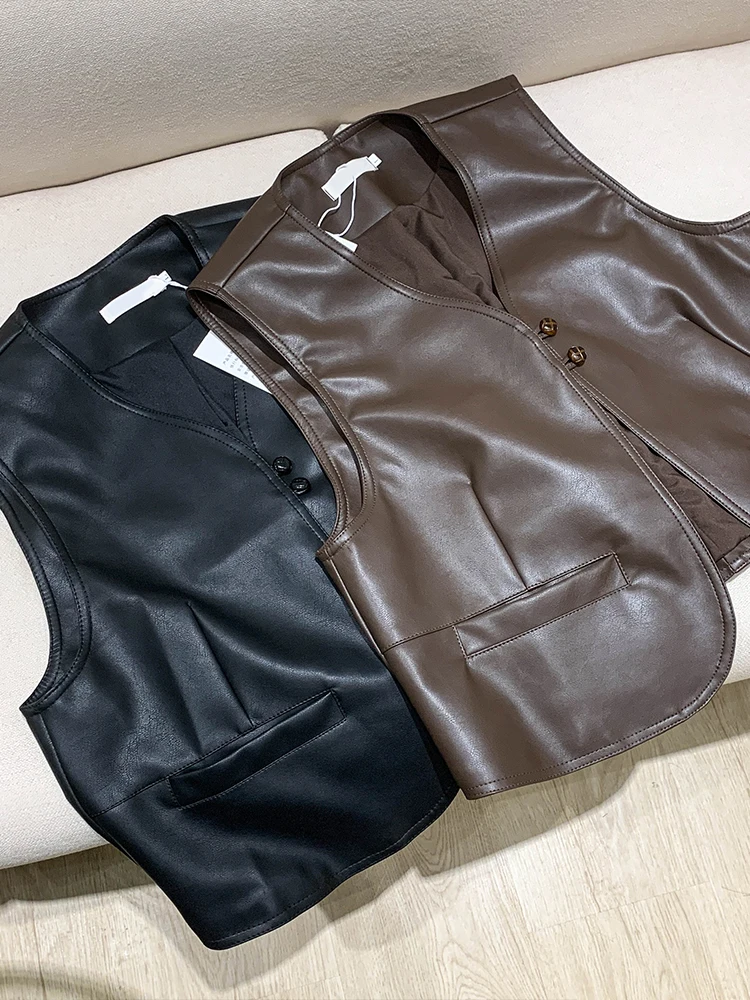 เสื้อกั๊กหนัง PU สไตล์วินเทจสำหรับผู้หญิง พร้อมแผ่นเสริมไหล่  แฟชั่นฤดูใบไม้ร่วงและฤดูหนาว เหมาะสำหรับใส่ทำงาน สี