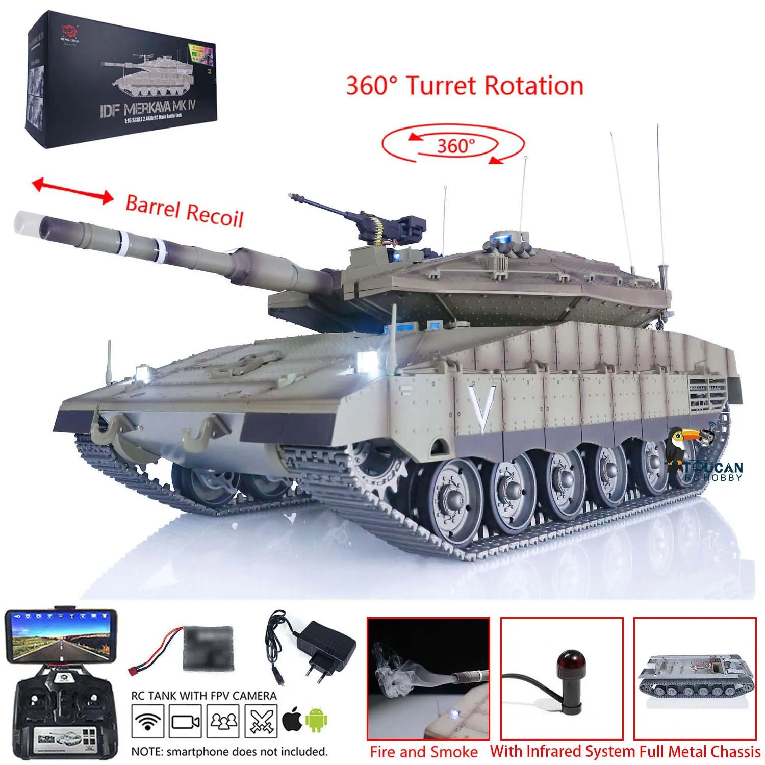 Heng Long 1/16 RC Tank Merkava IDF MK IV 3958 Full Metal Chassis TK7.1 FPV Smoke Effect Infrared Battle Model Toys TH22668