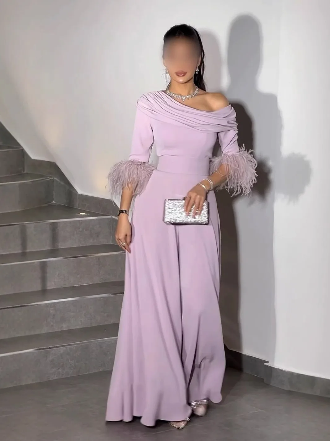 

Fall Winter New Sle Loose One-Piece Sexy Faionable Ladies oulder Exposure Long Pants Evening Gown Feather Splicing