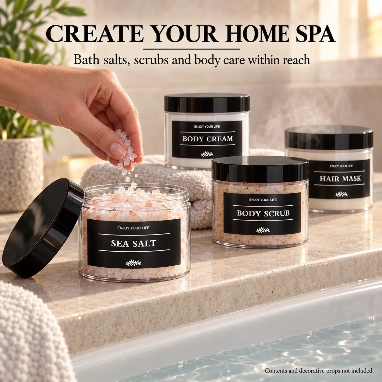6Pack Bathroom Vanity Storage Jars with Labels Clear/Amber/Black Plastic Containers for Cotton Swabs Body Scrub Bath Salts