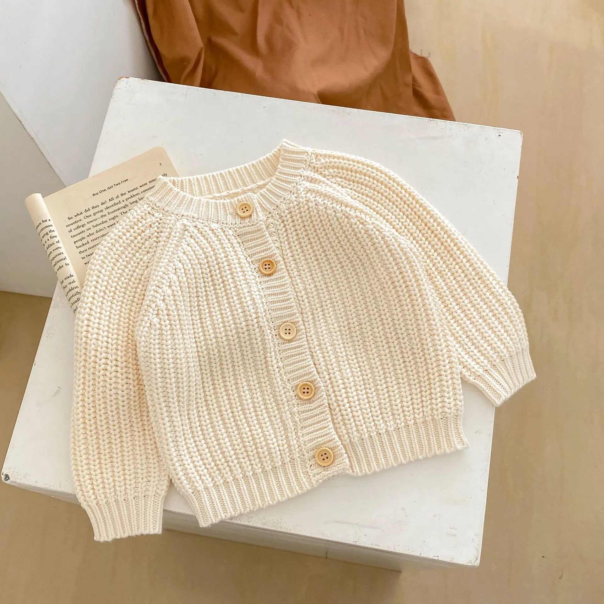 Baby Sweater Coat Autumn 2026 Solid Color Beige Knitted Girl's Sweater Long-sleeved Coat 0-3Year Kid's Cardigan Sweater