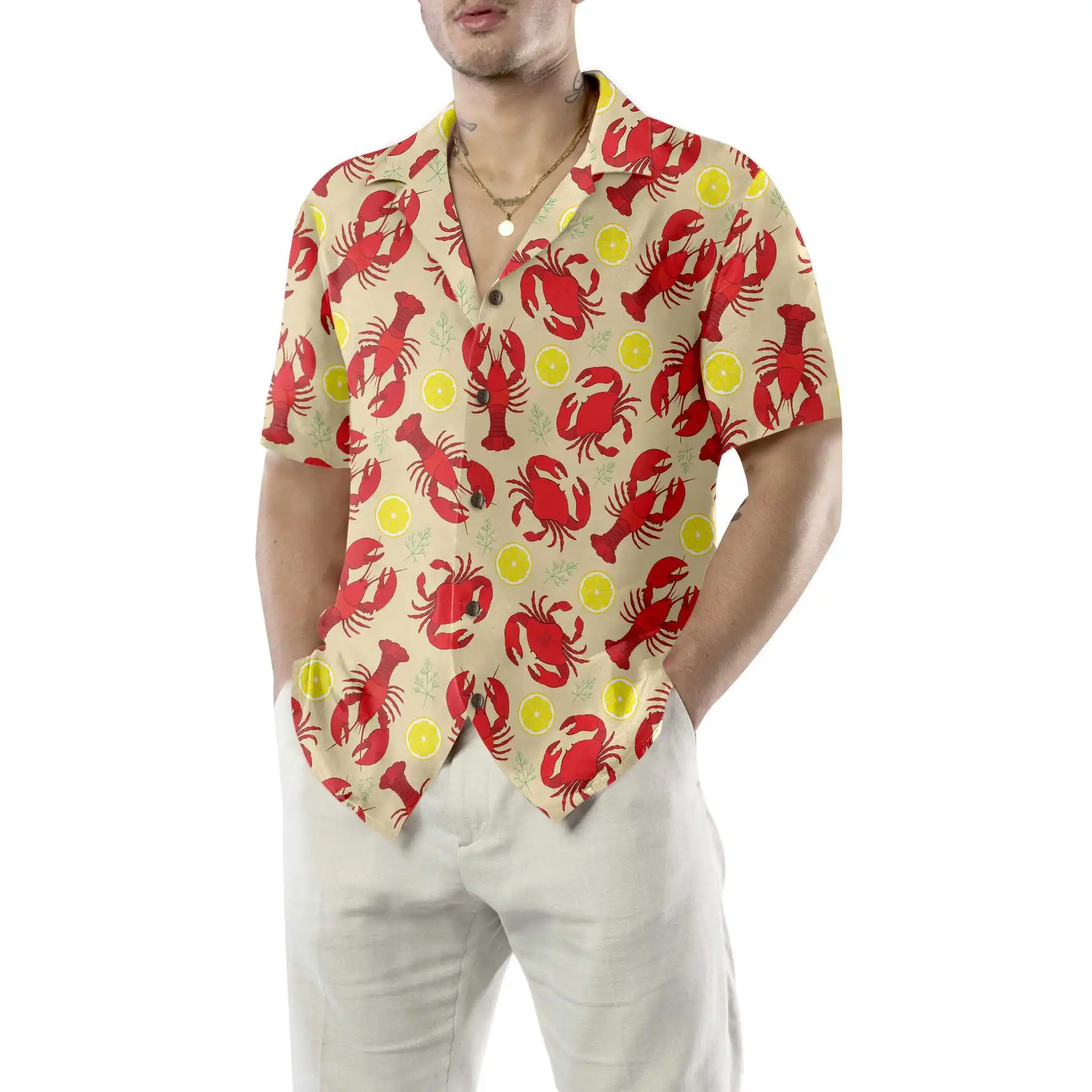 

Novelty Lobster Lemon Hawaiian Shirt For Men Cool Red Crayfish Print Short Sleeve Button Up Beach Shirt Casual Aloha Shirt