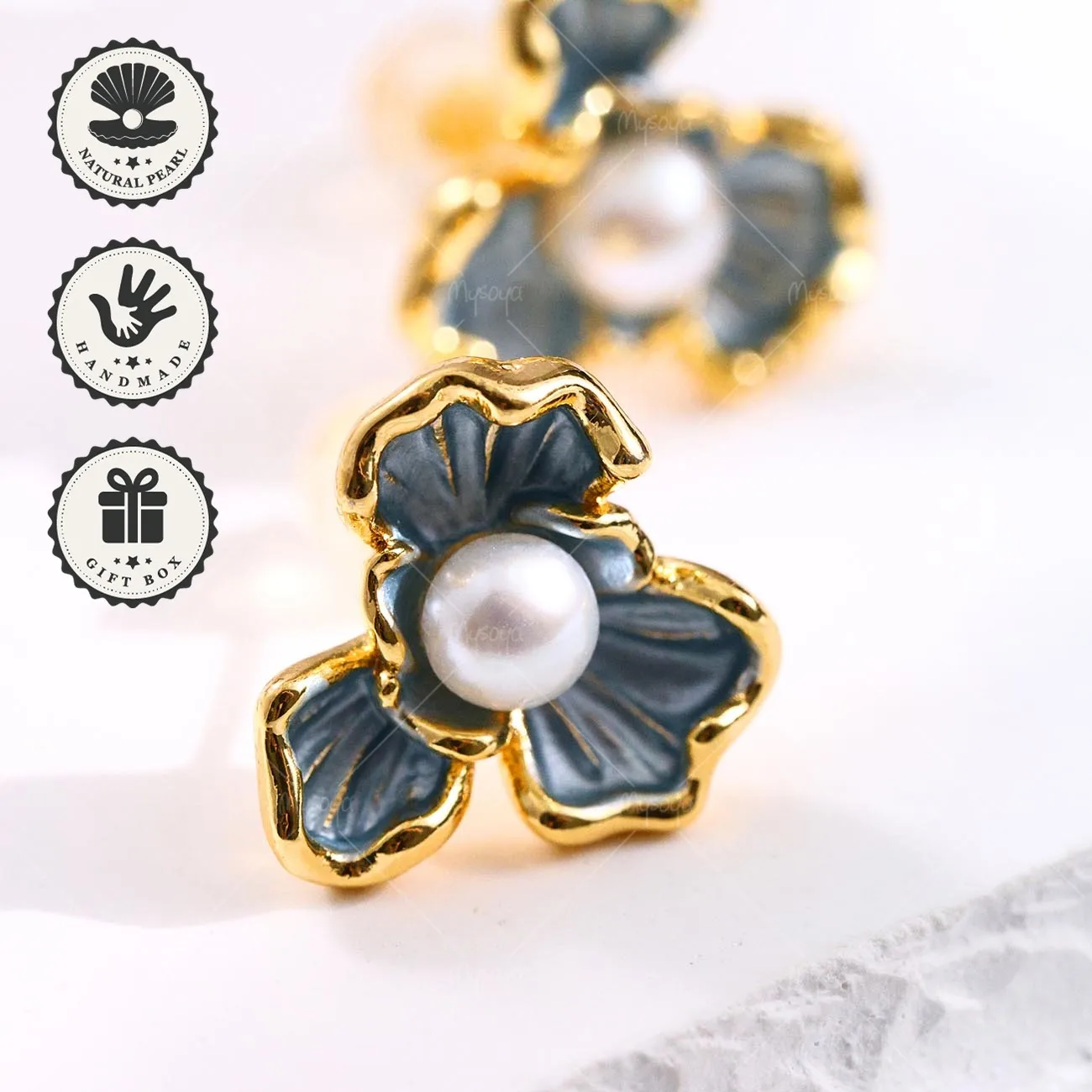 

Mysoya 4–5mm Natural White Freshwater Pearl Golden Blue Flower Stud Earrings Valentine’s Day Birthday Gift for Her
