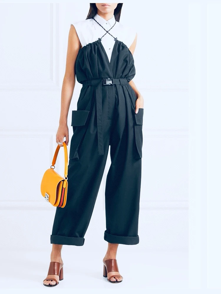 

Blue color suspenders work jumpsuit summer casual versatile belt Slim flap large pockets Women's clothing sales 2024 new