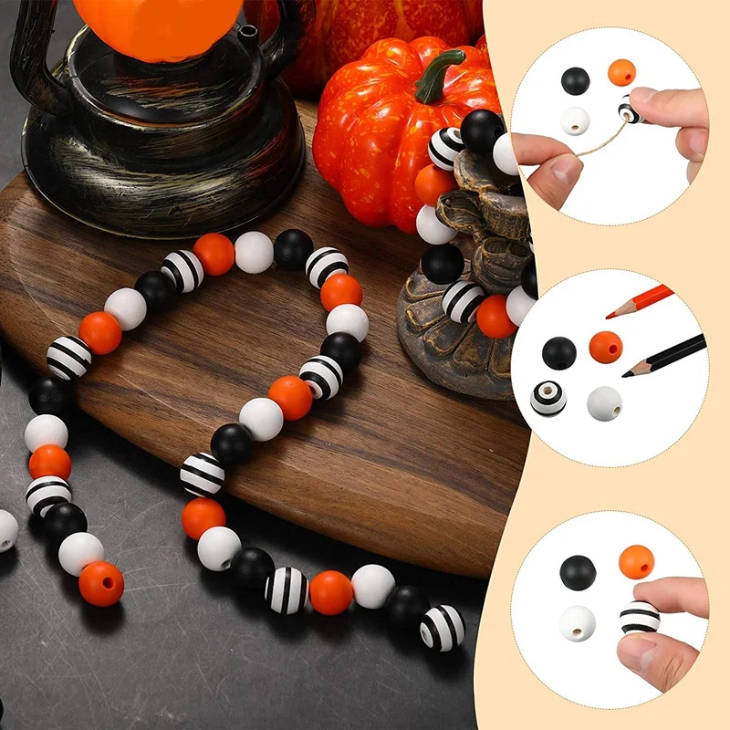 160 Pcs Wood Bead For Craft Rustic Farmhouse Beads Natural Wooden Handmade Spacer Boho Bead For Halloween Garlands DIY