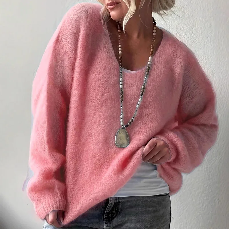 

Autumn Elegant V-neck Soft Sweater Tops Women's Causal Long Sleeve Solid Color Knitted Blouse Winter Fashion Wram Loose Jumpers