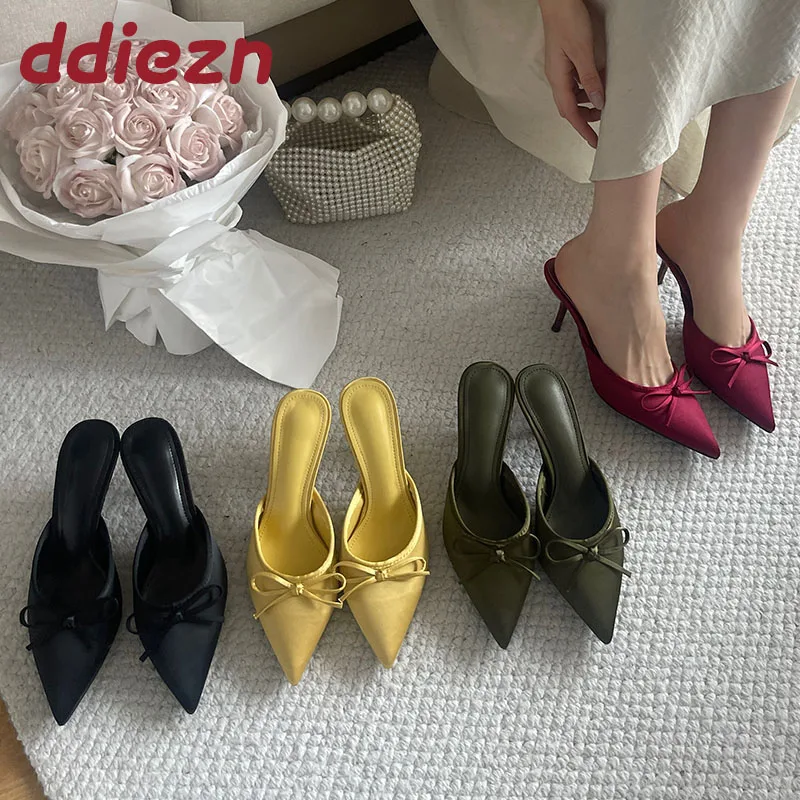 Big Size 43 Fashion Silk Ladies Thin Heels Pumps Shoes Footwear Butterfly-Knot Women Stiletto Heels Mules Shoes Female Slides