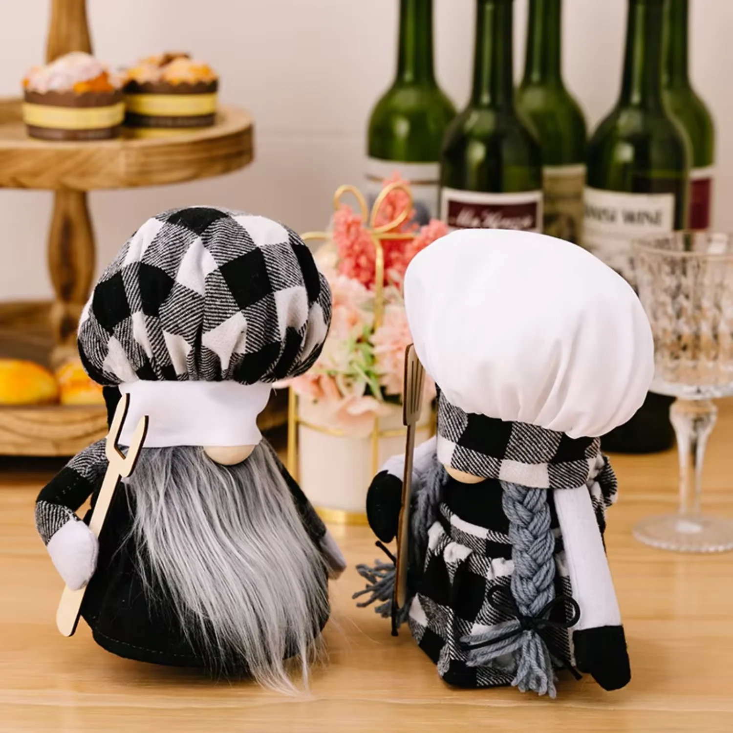 New Christmas Plush Kitchen Gnome With Black and white buffalo plaid Doll Gonk for Xmas  Decorations  Table ornament