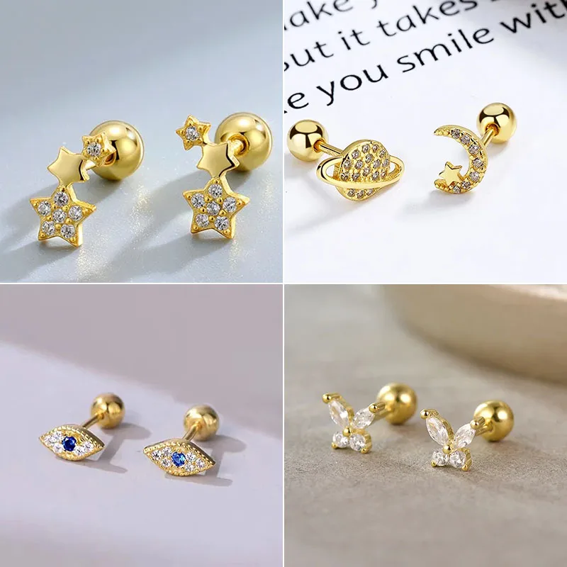 Gold Color Cubic Zirconia Stud Screw Earrings for Women Hypoallergenic Light luxury Helix Tragus Piercing Jewelry Gift