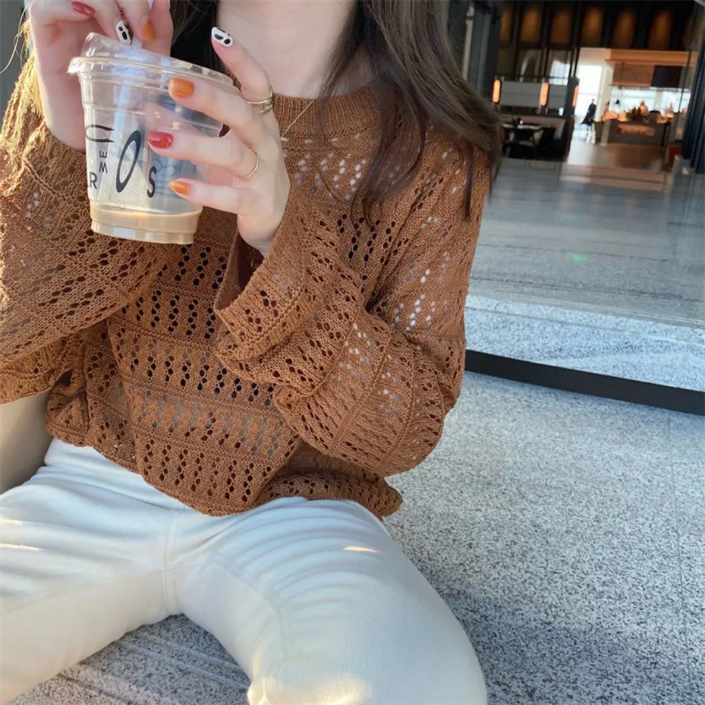 

Women's Trendy Hollow-out Knitted Sweater Slimming Solid Color Blouse Top Sweet Age-reducing Spring Summer New