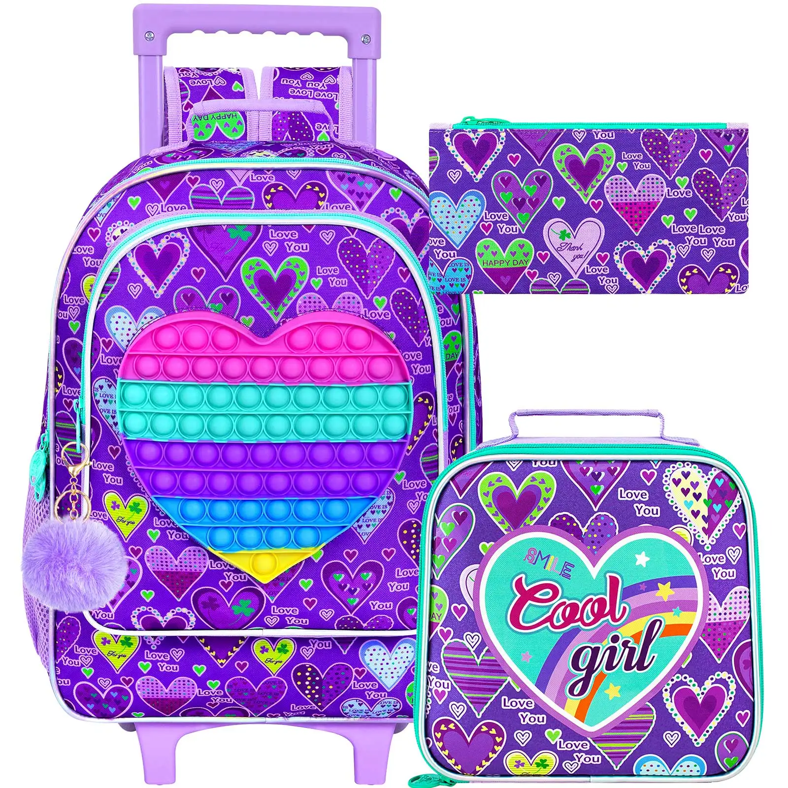 3pcs-rolling-backpack-for-girls-kids-roller-wheels-bookbag-wheeled-school-bag-with-lunch-bag-heart-purple